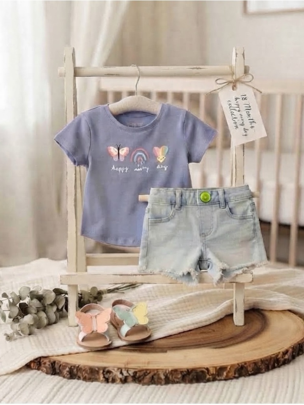 Girls' Lavender Butterfly Rainbow Tee Paired With Jean Shorts